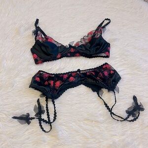 NWOT For Love And Lemons Black and Red Lace Bra and Garter